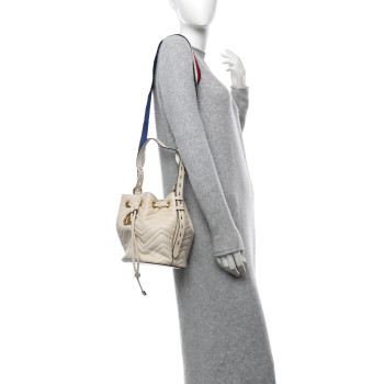 GUCCI Calfskin Matelasse Sylvie Web GG Marmont Bucket Bag White