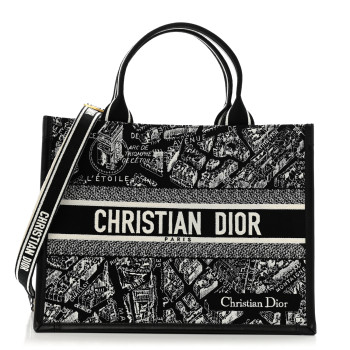 CHRISTIAN DIOR Calfskin Canvas Medium Plan De Paris Book Tote With Strap Black White