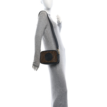 FENDI Glazed Fabric Vitello Century F is Fendi FF 1974 Stamp Patch Camera Case Mogano Panna Black