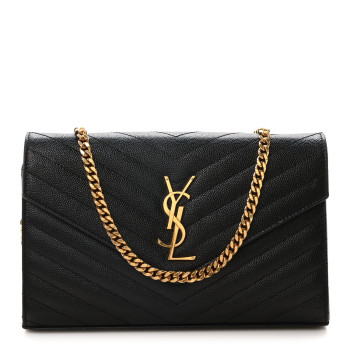 SAINT LAURENT Grain De Poudre Matelasse Chevron Monogram Chain Wallet Black
