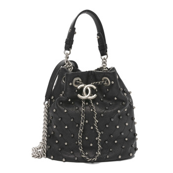 CHANEL Lambskin Studded Chevron Quilted Small Stud Wars Drawstring Bag Black