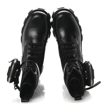 PRADA Spazzolato Rois Re-Nylon Metal Triangle Logo Monolith Pouch Pocket 55mm Boots 38.5  Black
