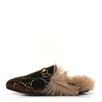 GUCCI Velvet GG Monogram Fur Womens Princetown Slippers 36 Brown Black Natural
