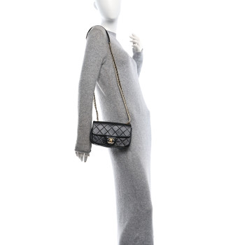 CHANEL Calfskin Quilted Mini Rectangular Crystal Pearls Chain Flap Black