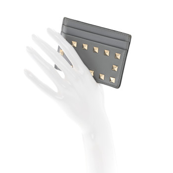 VALENTINO GARAVANI Vitello Rockstud Card Holder Grey