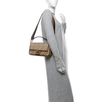 FENDI Canvas Vitello King FF Embroidered Baguette Sand Ghianda