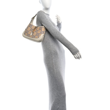 GUCCI Raffia Textured Dollar Calfskin GG Monogram Small Jackie 1961 Hobo Natural Mystic White Blue