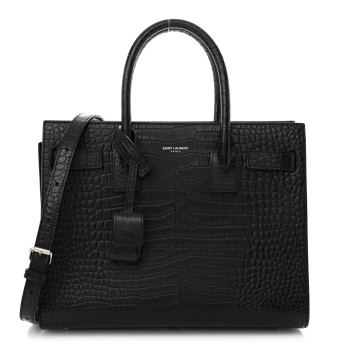 SAINT LAURENT Calfskin Crocodile Embossed Baby Sac De Jour Black