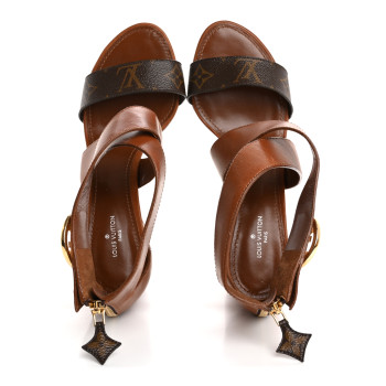 LOUIS VUITTON Calfskin Monogram Horizon Sandals 37.5 Cognac Brown