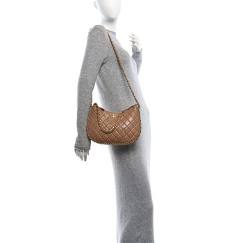 CHANEL Shiny Crumpled Lambskin Quilted Large Trendy Chain Around Hobo Dark Beige