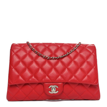 CHANEL Caviar Quilted Clutch With Chain Flap Red