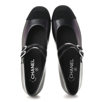 CHANEL Lambskin Grosgrain Pearl Mary Jane Flats 38.5 Black