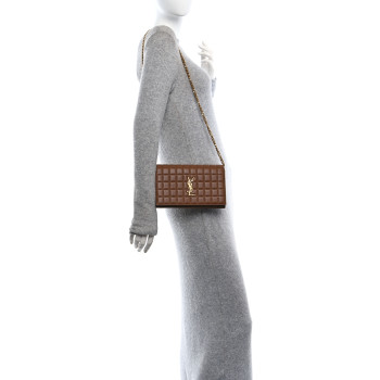 SAINT LAURENT Lambskin Carre Quilted Cassandre Chain Wallet Brown
