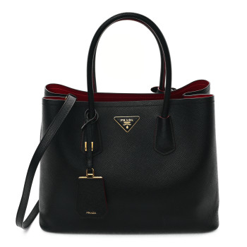PRADA Saffiano Cuir Large Double Bag Black Fuoco