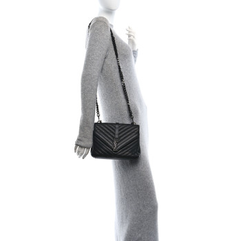 SAINT LAURENT Sheepskin Matelasse Chevron Monogram Monochrome Medium College Bag Black
