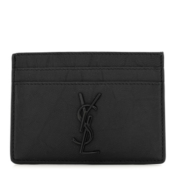 SAINT LAURENT Calfskin Crocodile Embossed Monogram Credit Card Case Black
