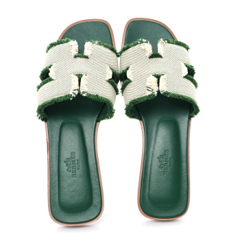 HERMES Calfskin Canvas Oran Fringe Sandals 37.5 Vert