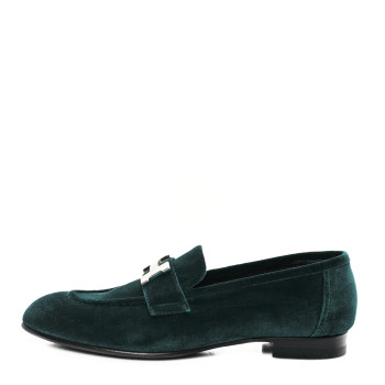 HERMES Velvet Womens Paris Loafers 36 Vert Fonce