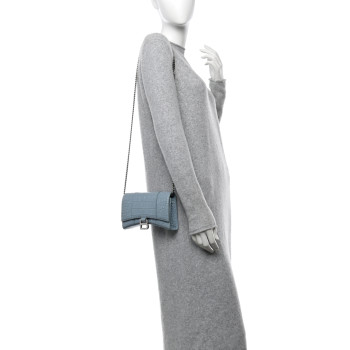 BALENCIAGA Shiny Calfskin Crocodile Embossed Hourglass Chain Bag Blue Grey