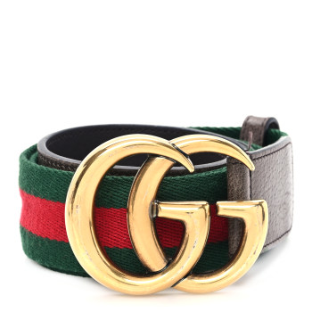 GUCCI Nylon Textured Dollar Calfskin Double G Web 40mm Belt 80 32 Green Red Dark Cocoa