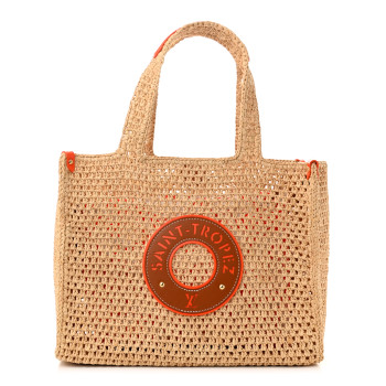 LOUIS VUITTON Raffia Calfskin Saint Tropez OnTheGo MM Natural Orange