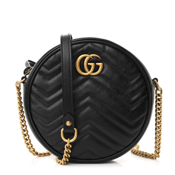 GUCCI Azalea Calfskin Matelasse Heart Mini GG Marmont Round Shoulder Bag Black