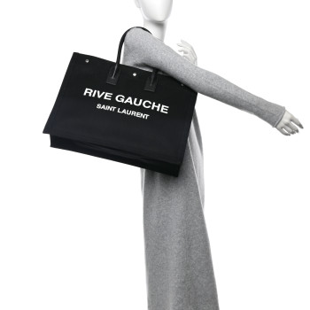 SAINT LAURENT Linen Calfskin Rive Gauche Tote Black