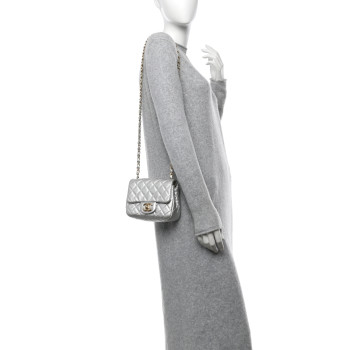 CHANEL Metallic Lambskin Quilted Mini Square Flap Silver