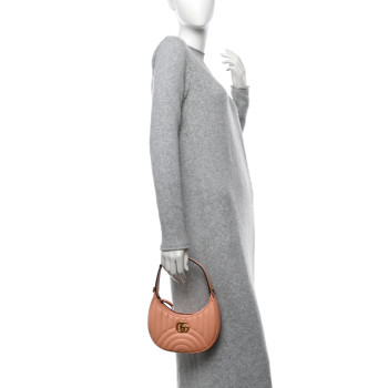 GUCCI Calfskin Vertical Ring Matelasse Mini GG Marmont Half Moon Hobo Peachy Chic