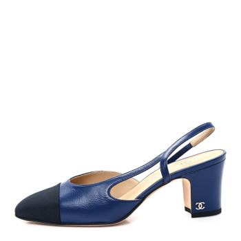 CHANEL Goatskin Grosgrain Cap Toe CC Slingback Pumps 36.5 Navy Black