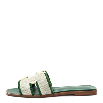 HERMES Calfskin Canvas Oran Fringe Sandals 37.5 Vert