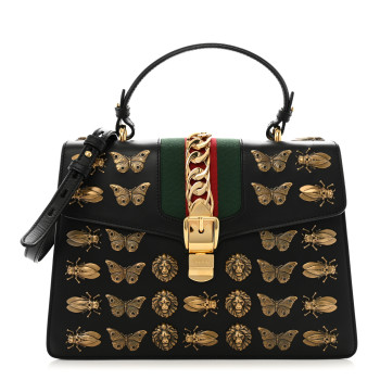 GUCCI Calfskin Animal Studs Medium Sylvie Top Handle Bag Black