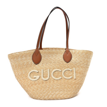 GUCCI Straw Calfskin Medium Logo Patch Tote Natural Tan