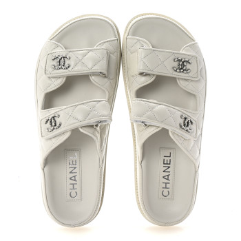 CHANEL Lambskin Quilted Velcro Dad Chain CC Slide Sandals 37.5 White