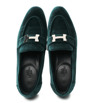 HERMES Velvet Womens Paris Loafers 36 Vert Fonce