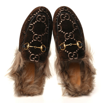GUCCI Velvet GG Monogram Fur Womens Princetown Slippers 36 Brown Black Natural
