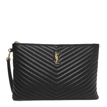 SAINT LAURENT Calfskin Matelasse Chevron Monogram Document Holder Black