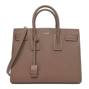 SAINT LAURENT Grained Calfskin Topstitch Small Classic Sac De Jour Taupe