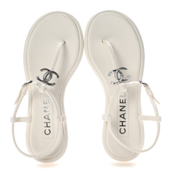 CHANEL Lambskin Crystal Baguette CC Thong Sandals 36.5 White