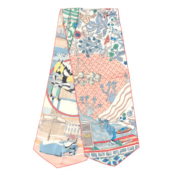 HERMES Silk Le Premier Chant Wow ! Muffler Mauve White Bleu Glacier