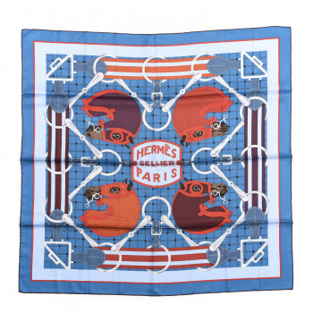 HERMES Silk Tatersale Scarf 90 Cobalt Ciel Bordeaux