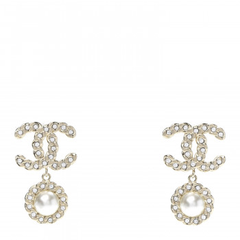 CHANEL Crystal Pearl Pearls Coronation CC Drop Earrings Gold