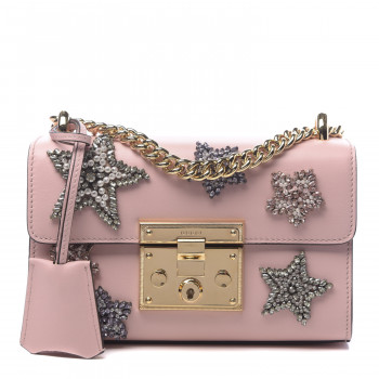 GUCCI Calfskin Crystal Star Embroidered Small Padlock Shoulder Bag Perfect Pink Multicolor