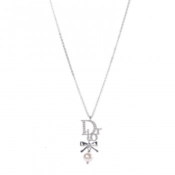 CHRISTIAN DIOR Crystal Pearl Dior Logo Necklace Silver