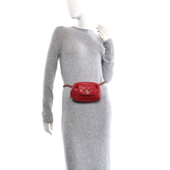 CHANEL Lambskin Quilted Waist Bag With Pouch Red