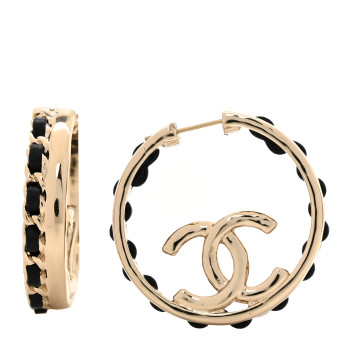 CHANEL Lambskin CC Chain Hoop Earrings Black Gold