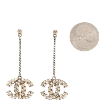 CHANEL Baguette Crystal CC Drop Earrings Silver