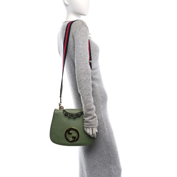 GUCCI Roxy Calfskin Web Medium Blondie Top Handle Shoulder Flap Bag Salamander Green