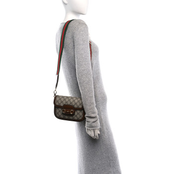 GUCCI GG Supreme Monogram Azalea Calfskin Web Mini Horsebit 1955 Shoulder Bag Beige Ebony Brown Sugar