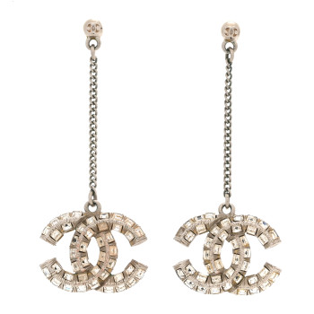 CHANEL Baguette Crystal CC Drop Earrings Silver